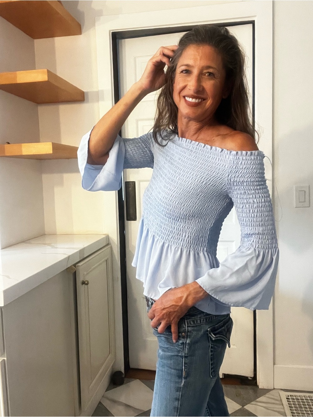 Candie’s Light Blue Smocked Off Shoulder Bell Sleeve Peplum Blouse Size M